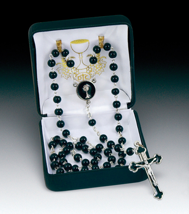 Boys 5 mm Black glass bead with enamel cross and center Rosary