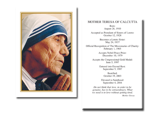 Saint Teresa of Calcutta Holy Card with Special Dates