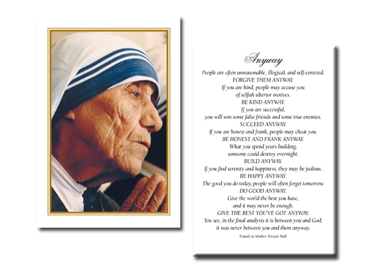 Saint Teresa of Calcutta Holy Card with Anyway Prayer